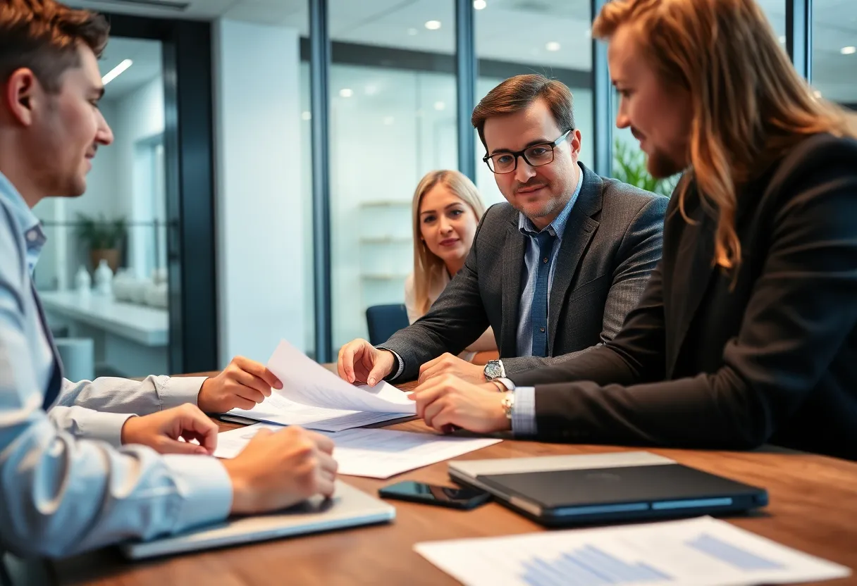 Entrepreneurs discussing business acquisition in a professional setting