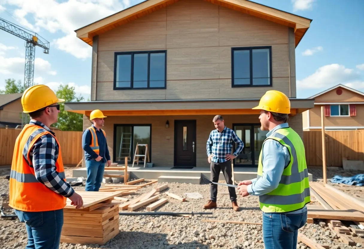 Construction site with various home building processes underway.