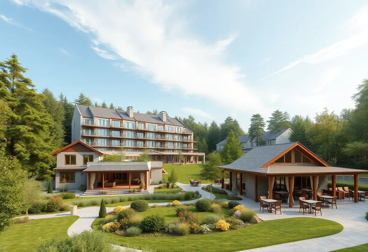 Conceptual rendering of the Enclaves hotel complex with cottages and restaurant.