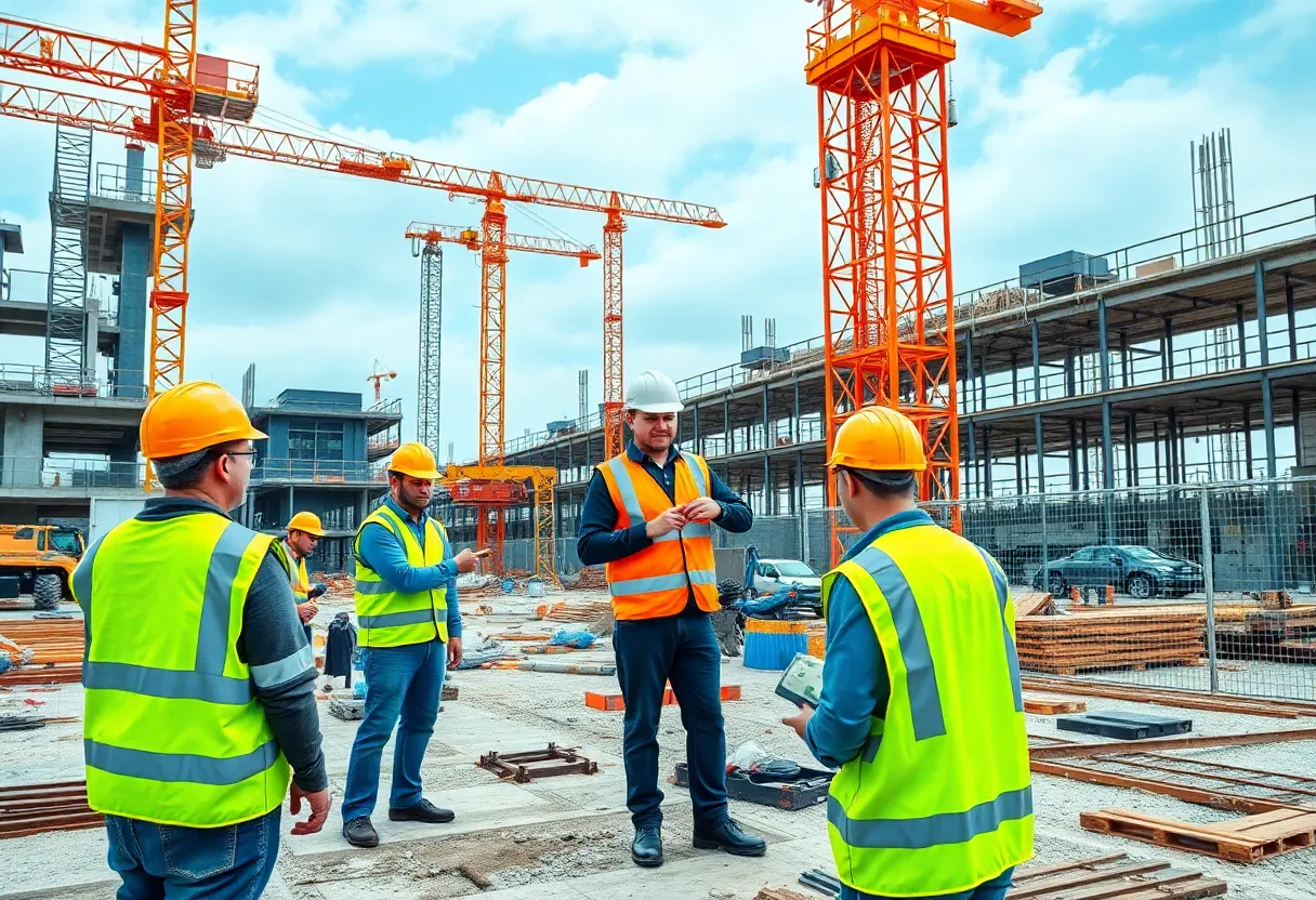 Construction workers at a job site utilizing technology