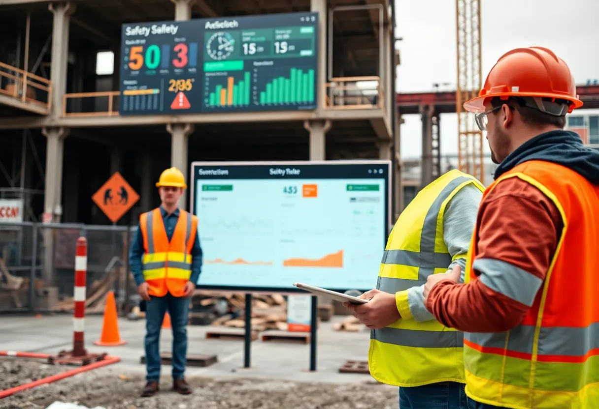 Workers at a construction site practicing safety measures