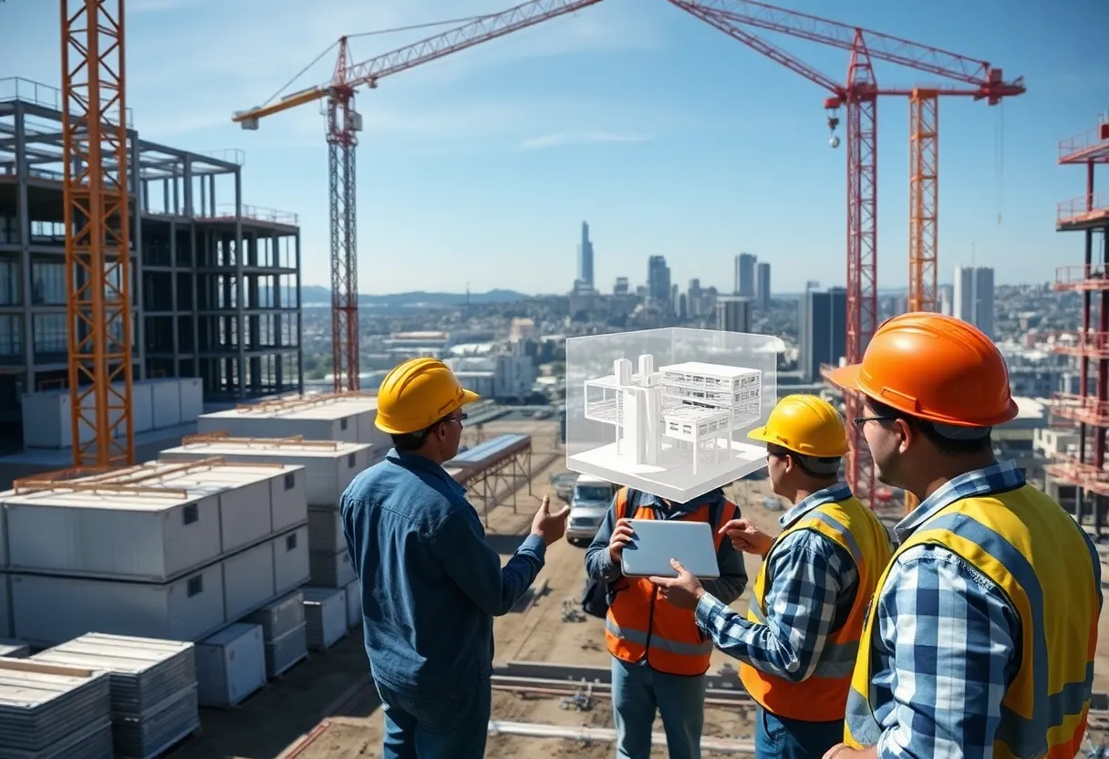 Bay Area construction site with cranes, prefabricated modules and workers reviewing a digital 3D model on a tablet