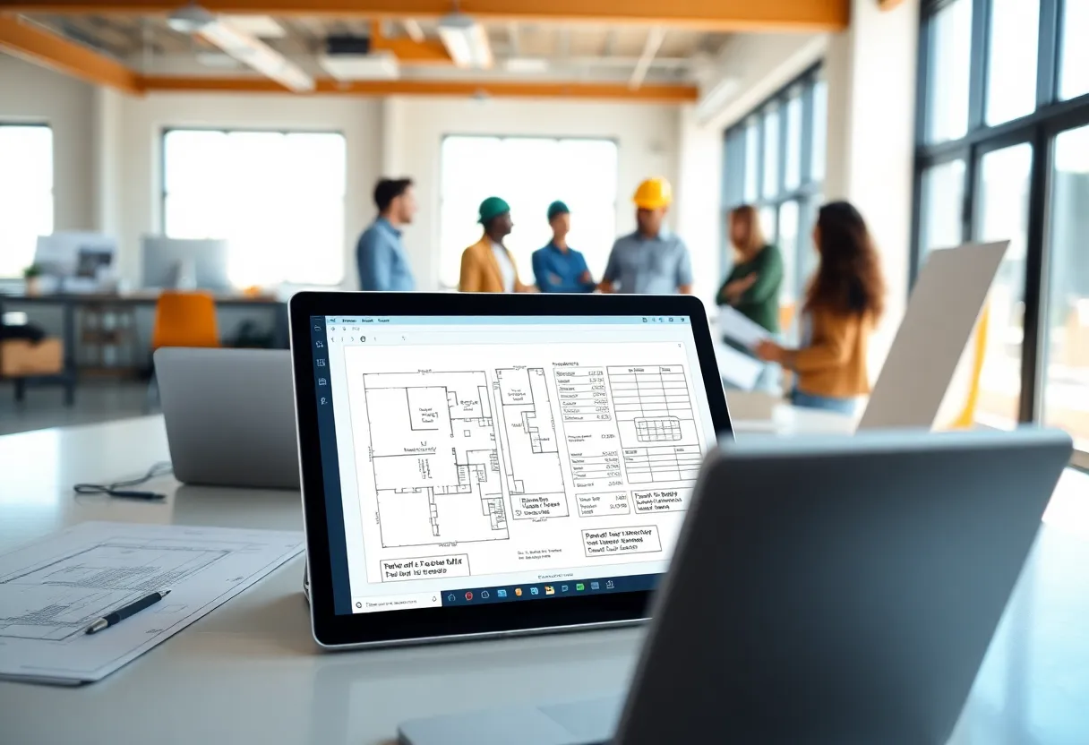 Laptop showing digital blueprints and AI estimating interface in a construction office