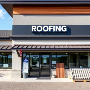 Exterior view of Lone Wolf Roofing office with roofing materials displayed.