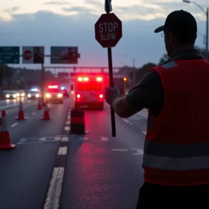 Marked expressway work zone with traffic cones, a flagger silhouette and emergency vehicles in the distance