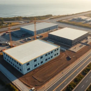 Aerial view of mixed industrial buildings and self-storage units under construction at Quogue Business Park