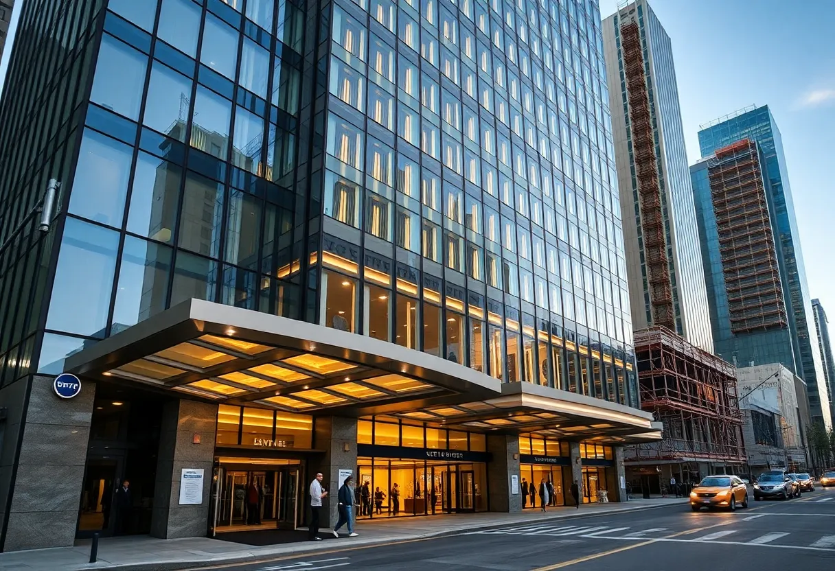 Exterior view of a large downtown hotel by a subway entrance with nearby construction and evening city lighting