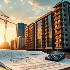 Urban construction site with cranes, blueprints and loan documents in front of a modern bank building representing expanded bridge lending capacity