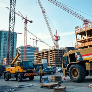 Construction site in Edmonton with machinery and workers.