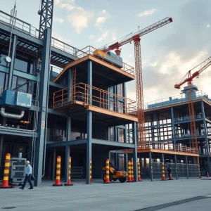 Modern construction site with safety equipment