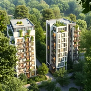 Render of the Flats at Tysons condo project highlighting sustainable architecture.