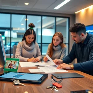 Loan specialist and diverse family reviewing mortgage documents with house keys on a desk in a modern credit union during evening hours