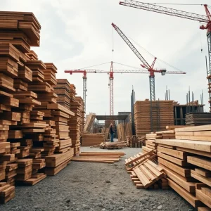 Construction site with stacked lumber illustrating rising prices.