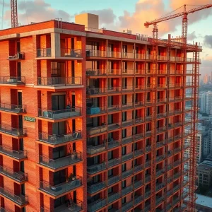 The Rider Residences midrise under construction with cranes and Miami skyline in background
