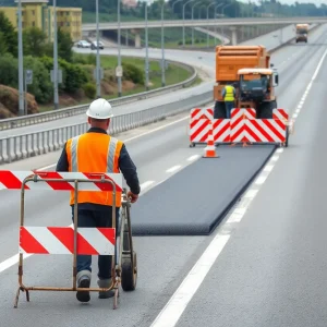 Construction workers and equipment on U.S. 23 during road resurfacing